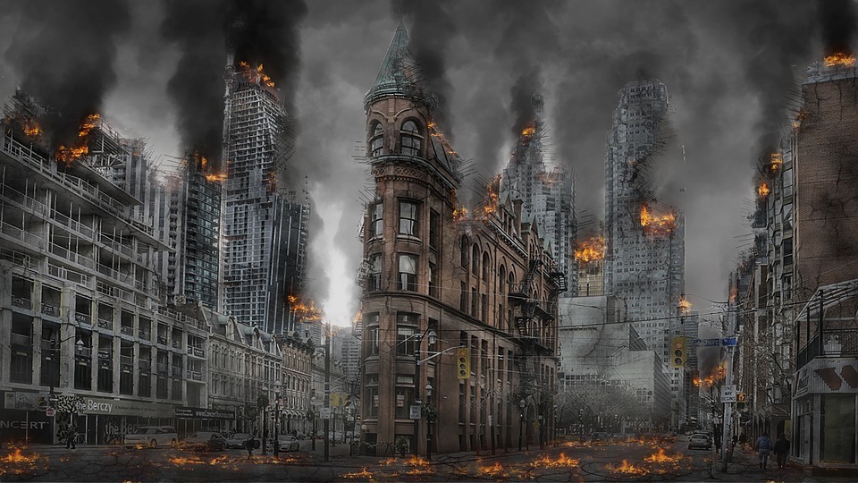 abandoned street, buildings on fire, the street on fire, destroyed buildings