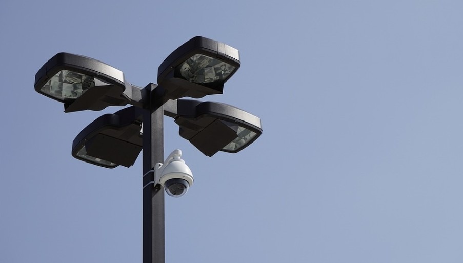 blue-sky-street-lights-CCTV-camera-attached-under-the-streetlights